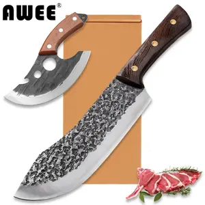 AWEE Handmade forging hammer pattern multifunctional cooking knife set with solid wood handle, sharp slicing and bone cutting knife, kitchen cutting and vegetable cutting knife combination Wooden Steel,Chef Knife Set,