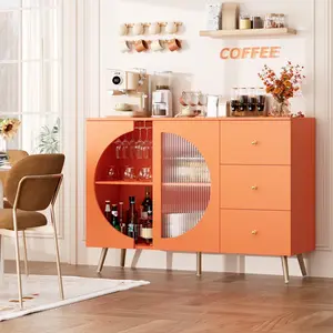 Coffee Bar Cabinet with 3 Drawers & Glass Door, Modern Buffet Sideboard Bar Table, Buffet Cabinet with Storage for Dining Room