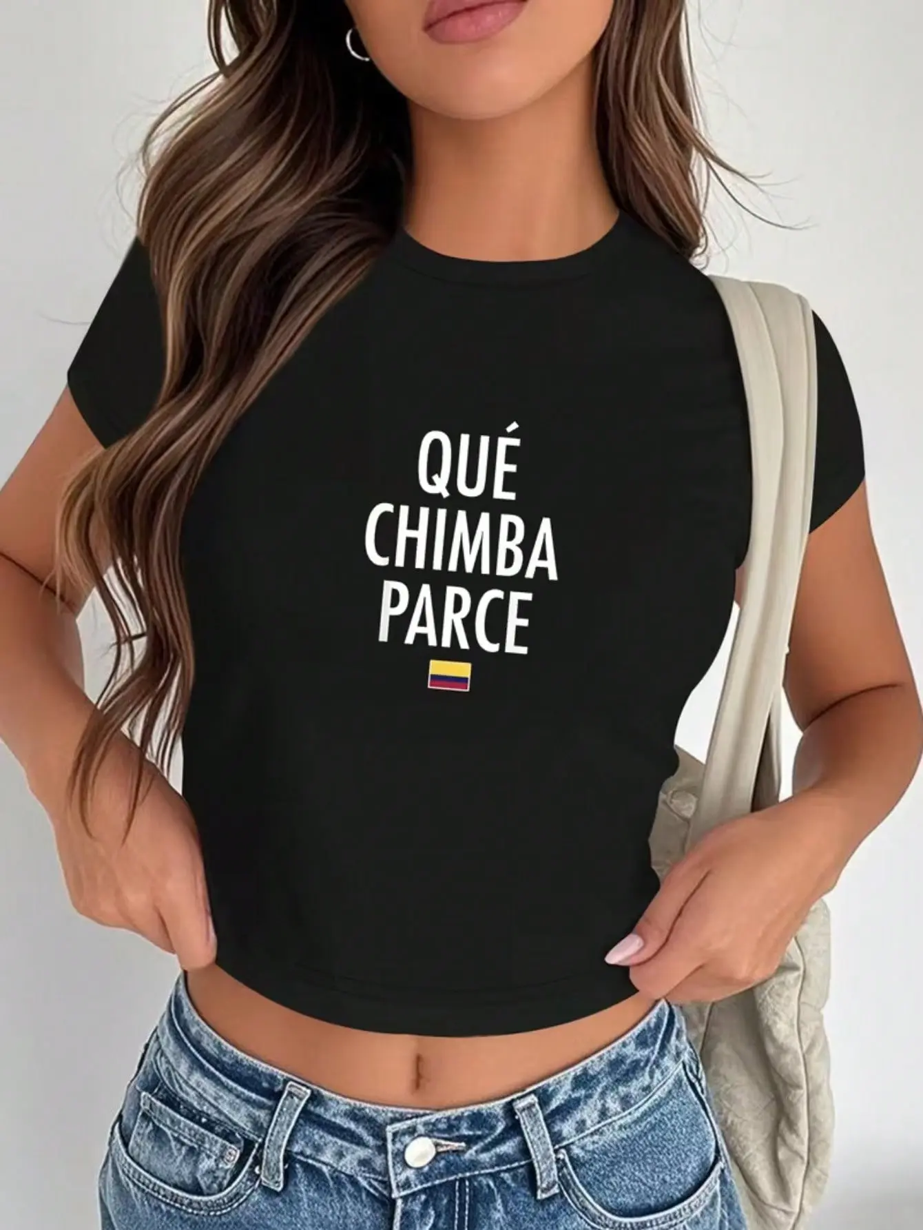 Women's Y2K Colombian Pattern T-Shirt - "QUE MBA PAR" Black Shirt With National Flag Colors - Stretchy  Top, Suitable For Latin-Style Fashion And Casual Wear - Machine Washable Streetwear 2026Women's Tube Top cropped graphic tee