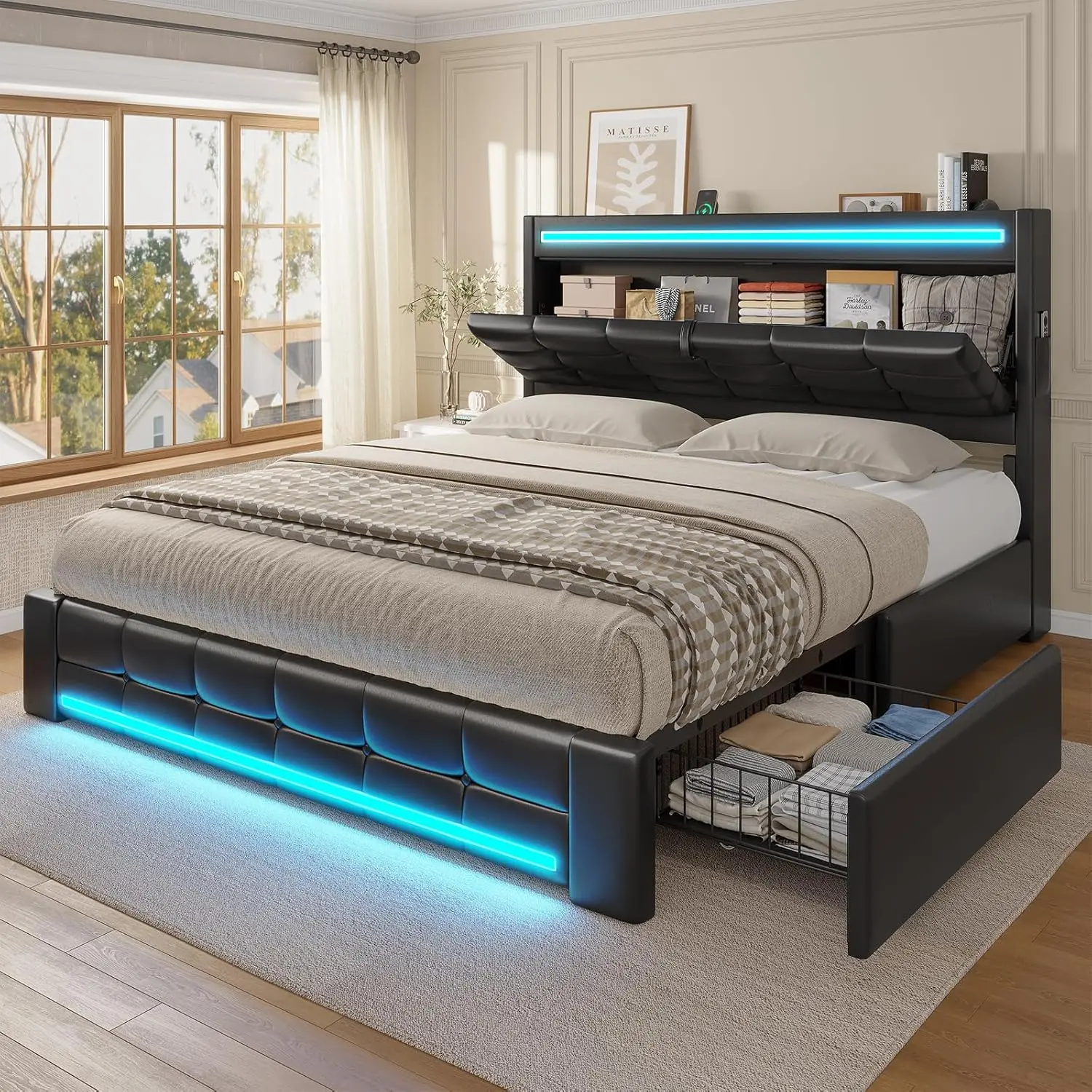 [TiktokShopStockUp] Sikaic Queen Size LED Bed Frame with Storage Headboard & 4 Drawers, Upholstered PU Leather Platform Bed with Charging Station, Button Tufted Design, No Box Spring Needed, Black, Home Furniture Christmas Gifts