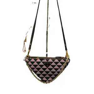 Pre-owned PRADA Calfskin leather & jacquard canvas Shoulder Bags Double Symbole Triangle Mini Bag Black Leather & Jacquard with Gold Hardware Fashion Accessory