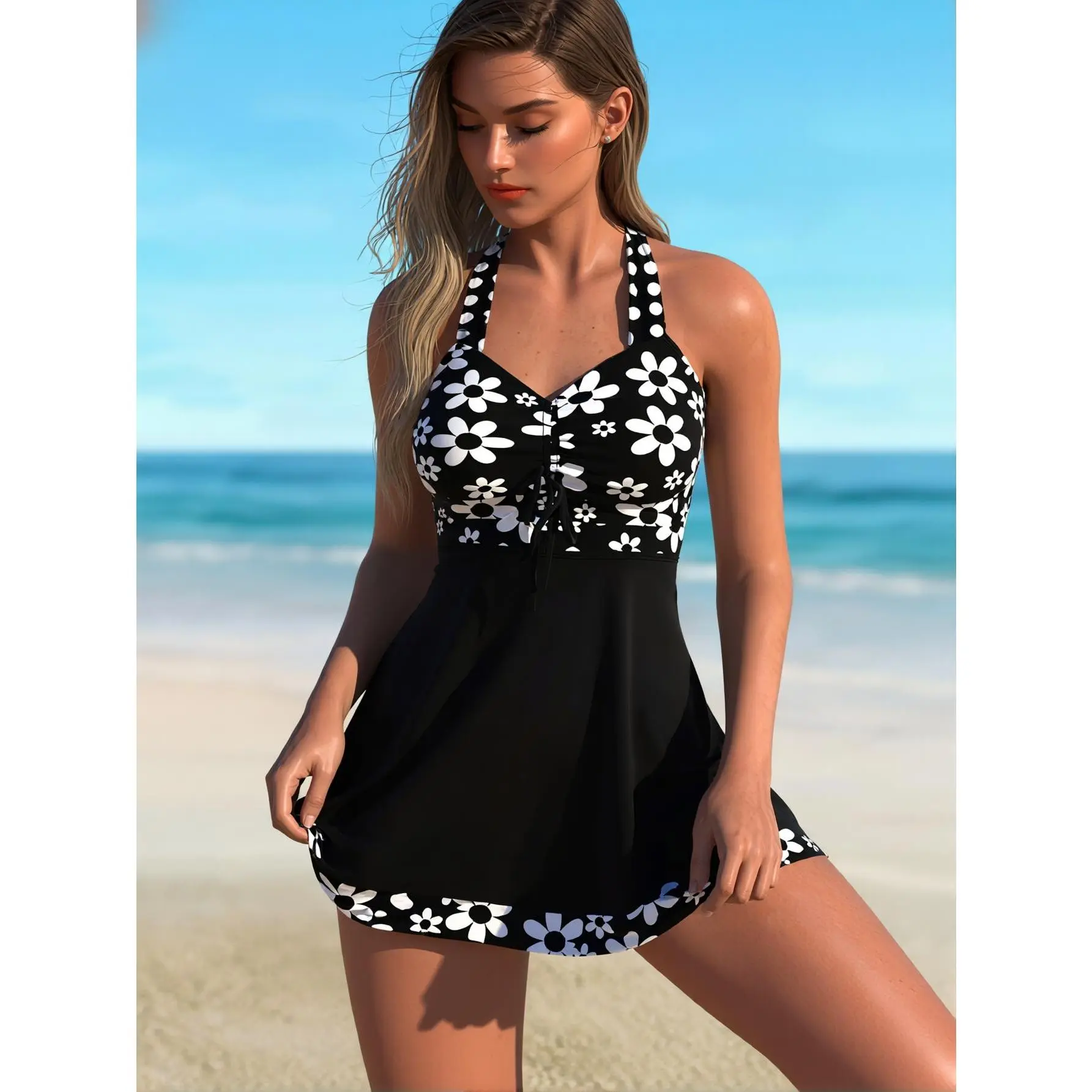 Women's Black Halter Swimdress, Sporty Chic Ditsy Floral Print with Ruched Tummy Control, Comfortable Stretchy Resort Wear, Swimsuit, Trendy, Elastane, Breathable, Daisy Print, Stretch Fabric, Quick Dry, Uv-Protective, Yes, Figure