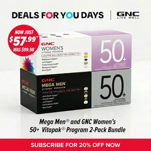 Golden Wellness Bundle: GNC Women & Mega Men's 50+ Vitapak, 5-in-1 Multivitamin Pack, Energy Production, Menopause & Prostate Support, Cardiovascular, Joints, Bone Health Support, Dietary Supplement