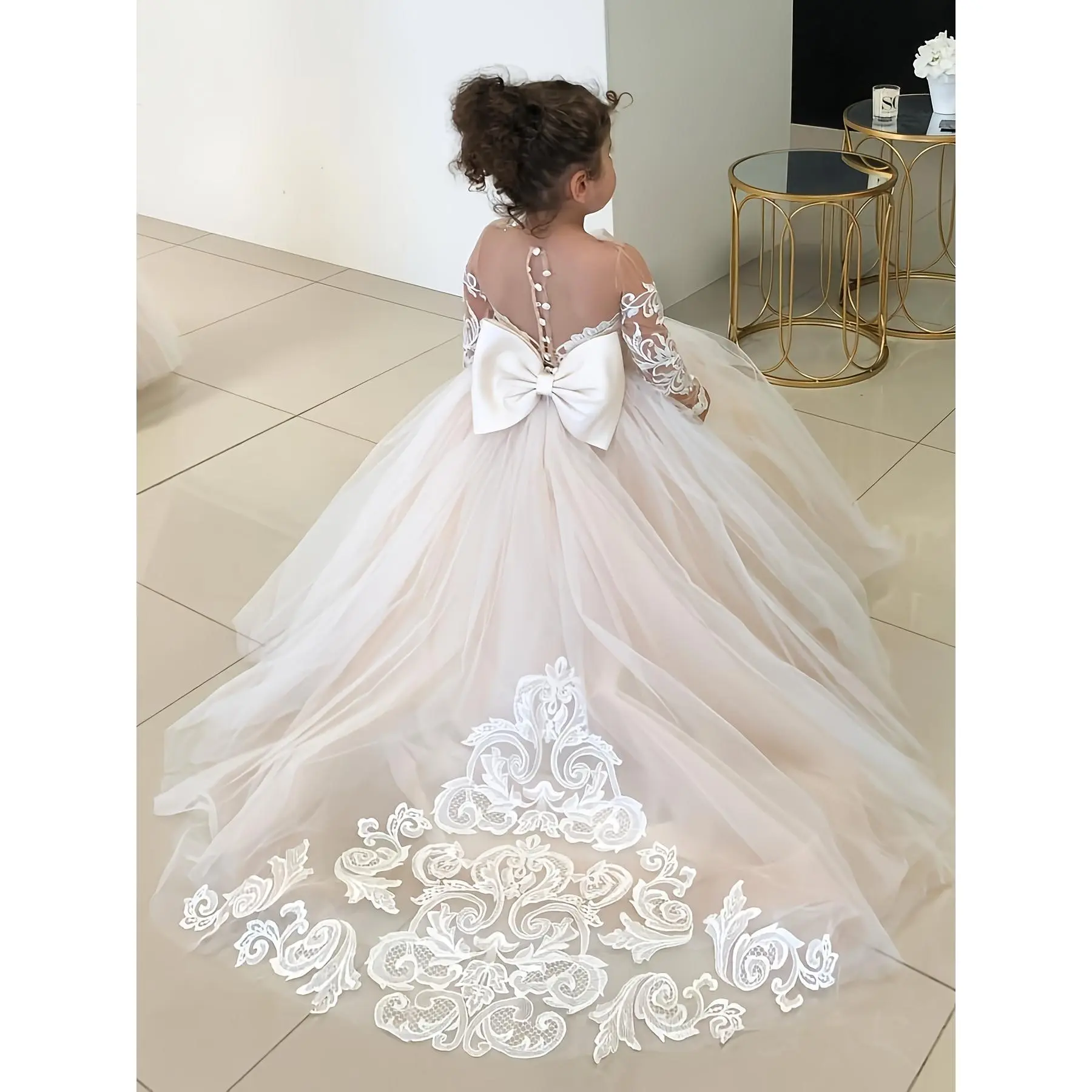 Girls' Elegant Tulle Princess Dress with Puff Sleeves & Big Bow, A-Line Gown for Weddings & Performances, Ages 8-9Y, 10-11Y, Tulle Overlay Dress, 12 & Under, 12-13Y, Long Sleeve, Polyester