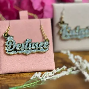 Custom Glitter Name Necklace  | Personalized Acrylic Nameplate Jewelry | Cute Y2K Gold Necklace
