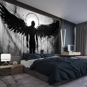1pc Ultra Large Black Angel Landscape Tapestry - Premium Polyester HD Digital Print Wall Hanging with Hand-Stitched Edges, Wrinkle-Resistant Fabric & Free Hanging Clips for Living Room, Bedroom, Home Office Decor, Bedroom Accent, Artistic Interior, Soft T