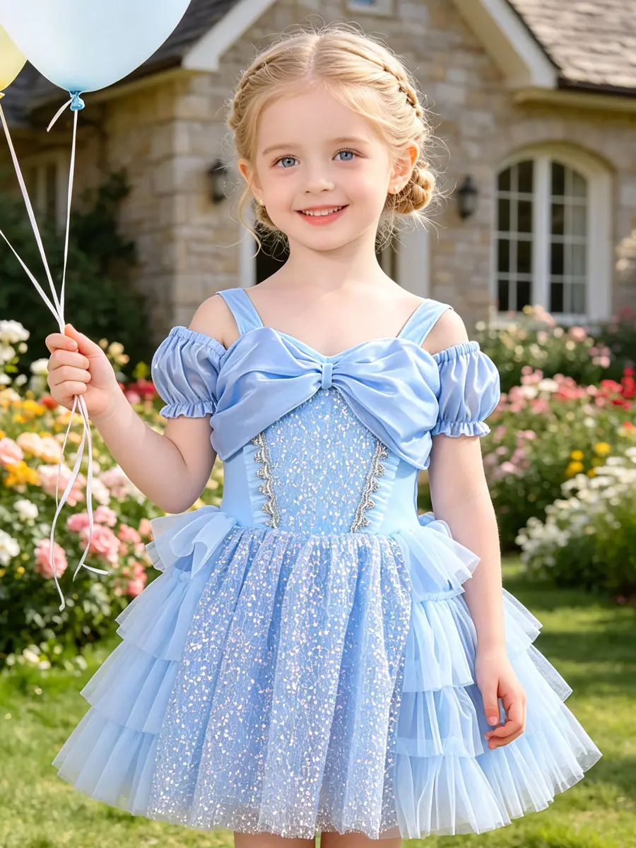 Little Girls Light Blue Sparkle Princess Dress, Cold Shoulder Bubble Puff Sleeves, Oversized Satin Bow Decor, All Over Silver Sequined Top, Tiered Fluffy Mesh Tutu Skirt for Kid Party & Daily Dress Up