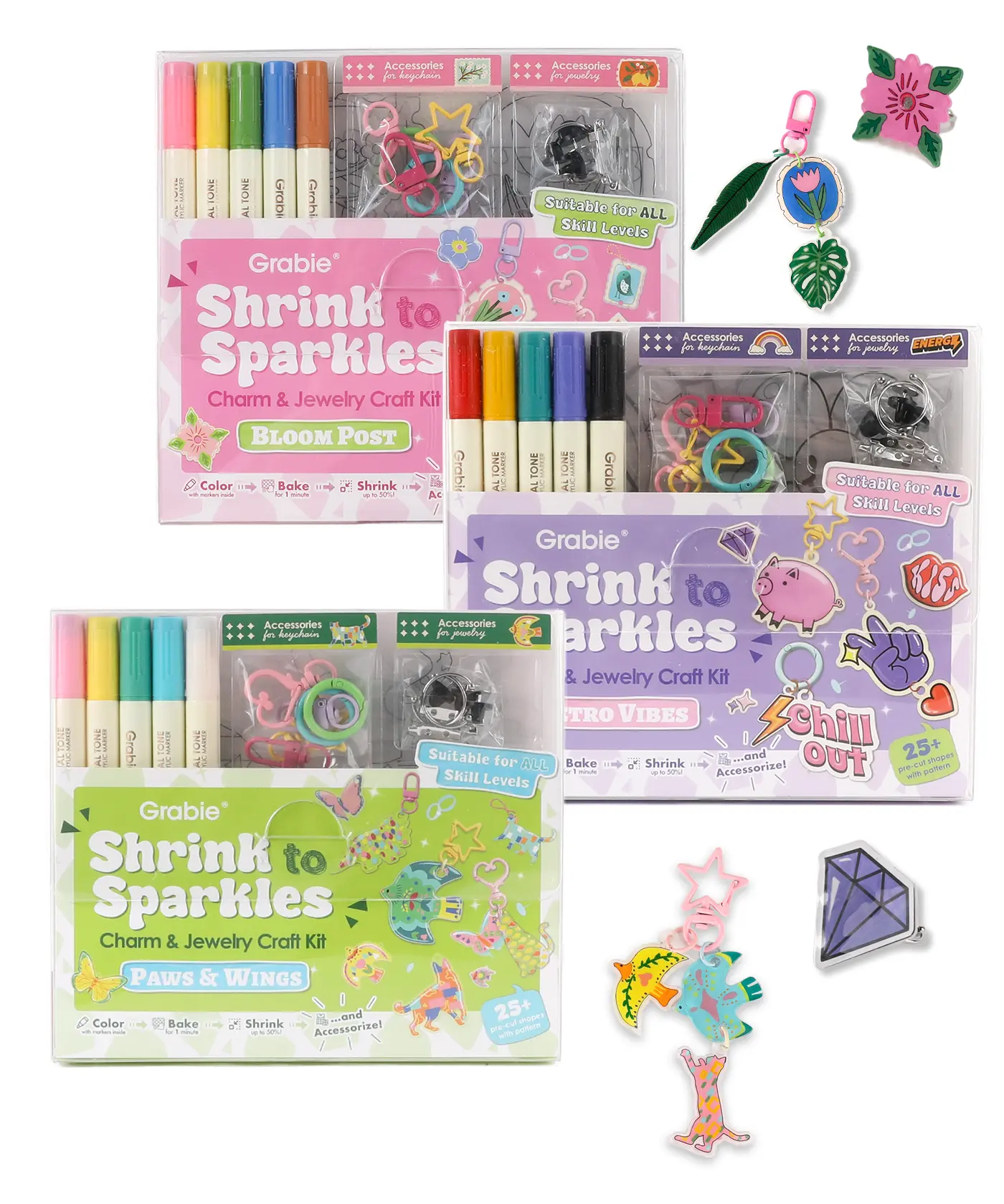 Grabie Shrink-to-Sparkles Craft Kit, Retro Style Crafting Supplies, Botanical Jewelry Making Art Kit, Back to School, Class Reward Gift Idea, School Supplies