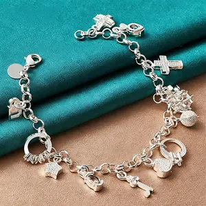 【Valentine’s Day gift】1pc Elegant 925  Silvery plated  Heart Key Pendant Bracelet, Women's Bracelet, 13 Small Pendants, Bohemian Style, Shiny and Exquisite Silvery plated, Women's Fashion Jewelry Accessories, Suitable for Wife, Girlfriend