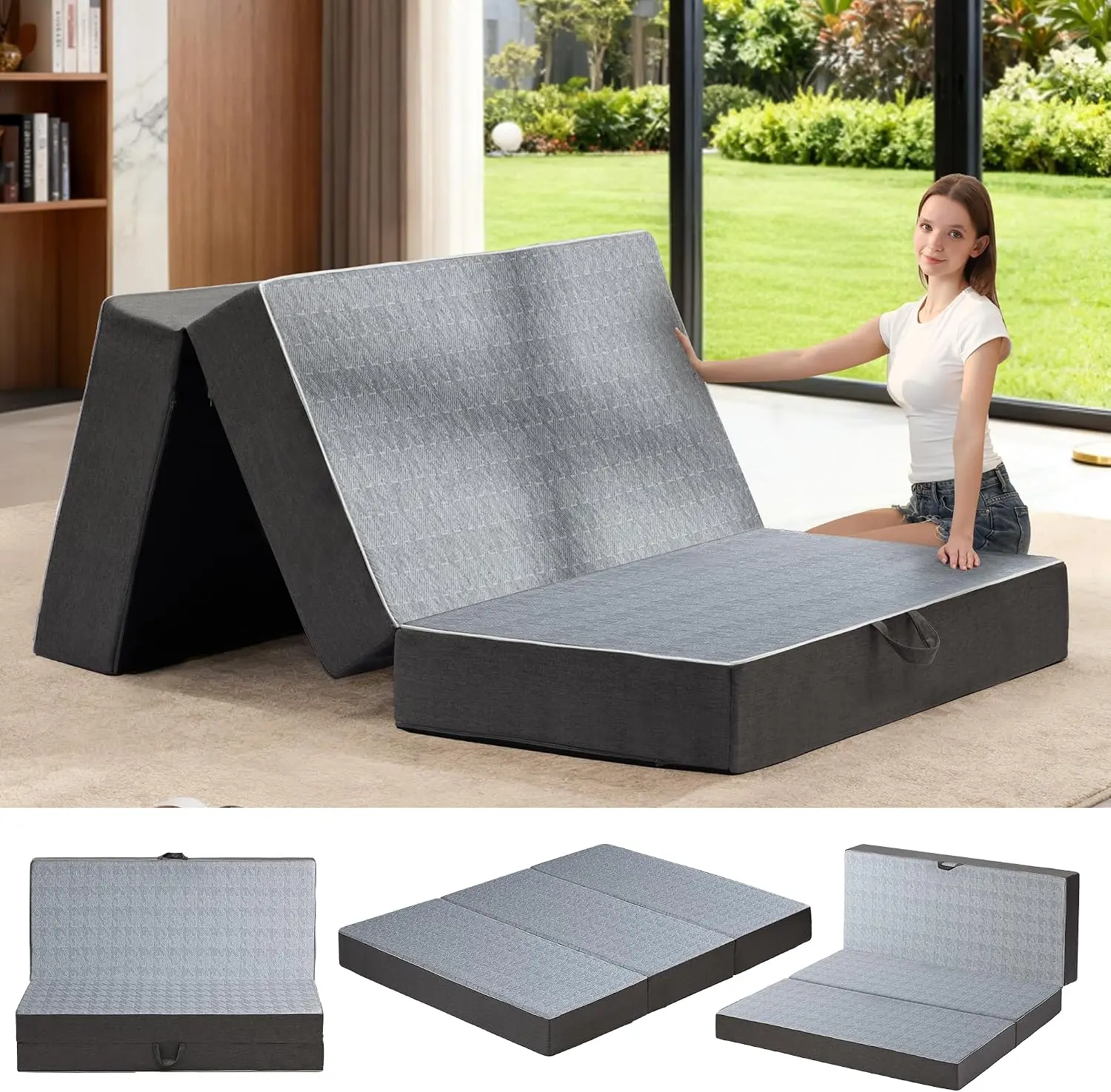 WINZOO Modern Twin Size Tri-Folding 6-Inch Dual-Layer Memory Foam Futon Mattress - Portable Sofa Bed with Removable Washable Cover, Handle, Non-Slip Bottom for Guests, Camping, Home Use, Foldable