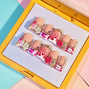 DiDazzle 10 PCS Handmade Duckbill Press - on Nails | SweetStarGlam with Acrylic Star Rhinestones, Swirl Patterns & Crystal Accents