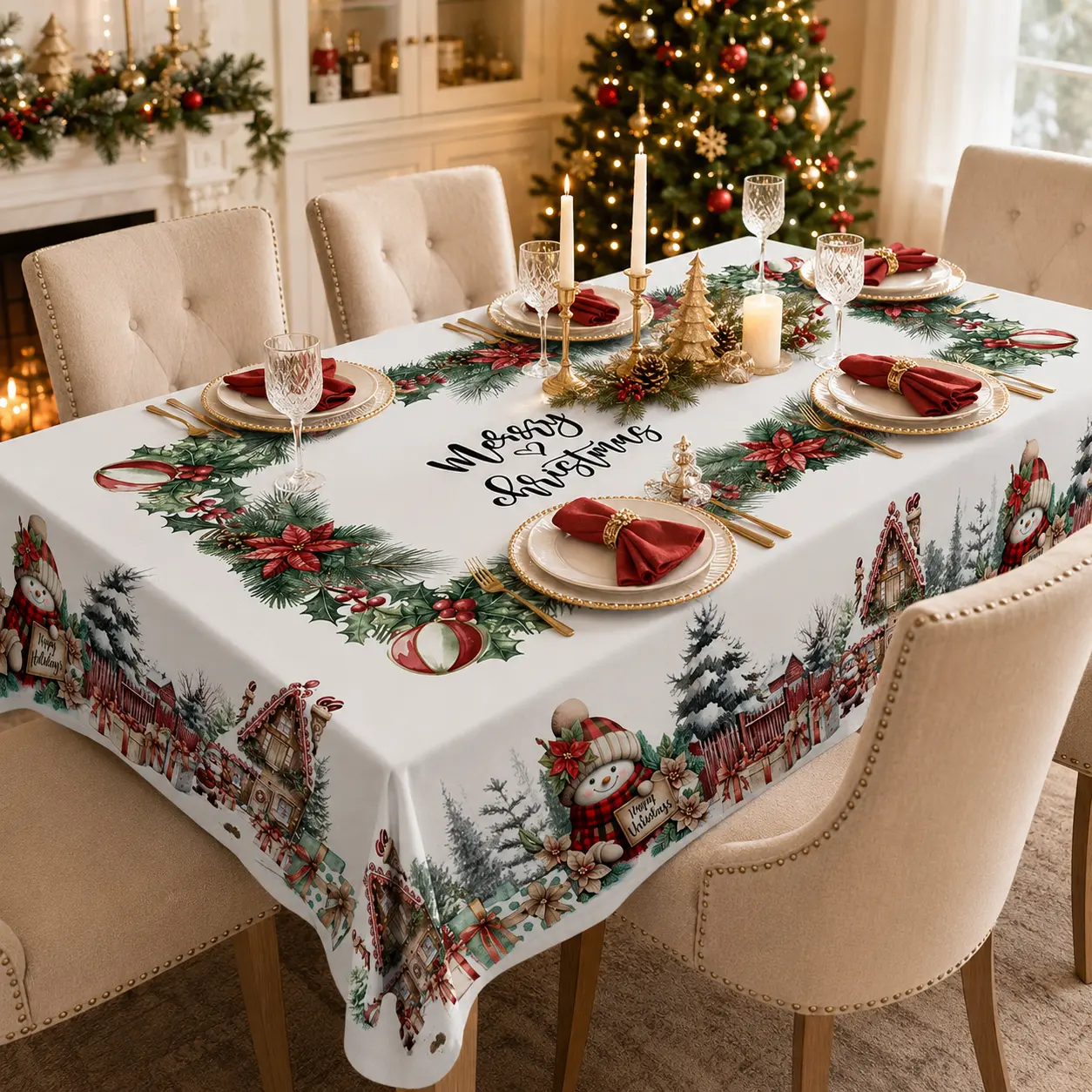 Christmas Tree Rectangle Tablecloth, Washable Winter Table Cover for Indoor Dining, Home Parties and Xmas Decorations, 60 x 84 Inch