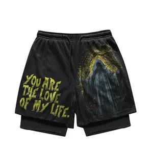 Men’s summer 2-in-1 black mesh breathable shorts with dark wizard print, elastic waistband and drawstring, street style, mid-thigh length
