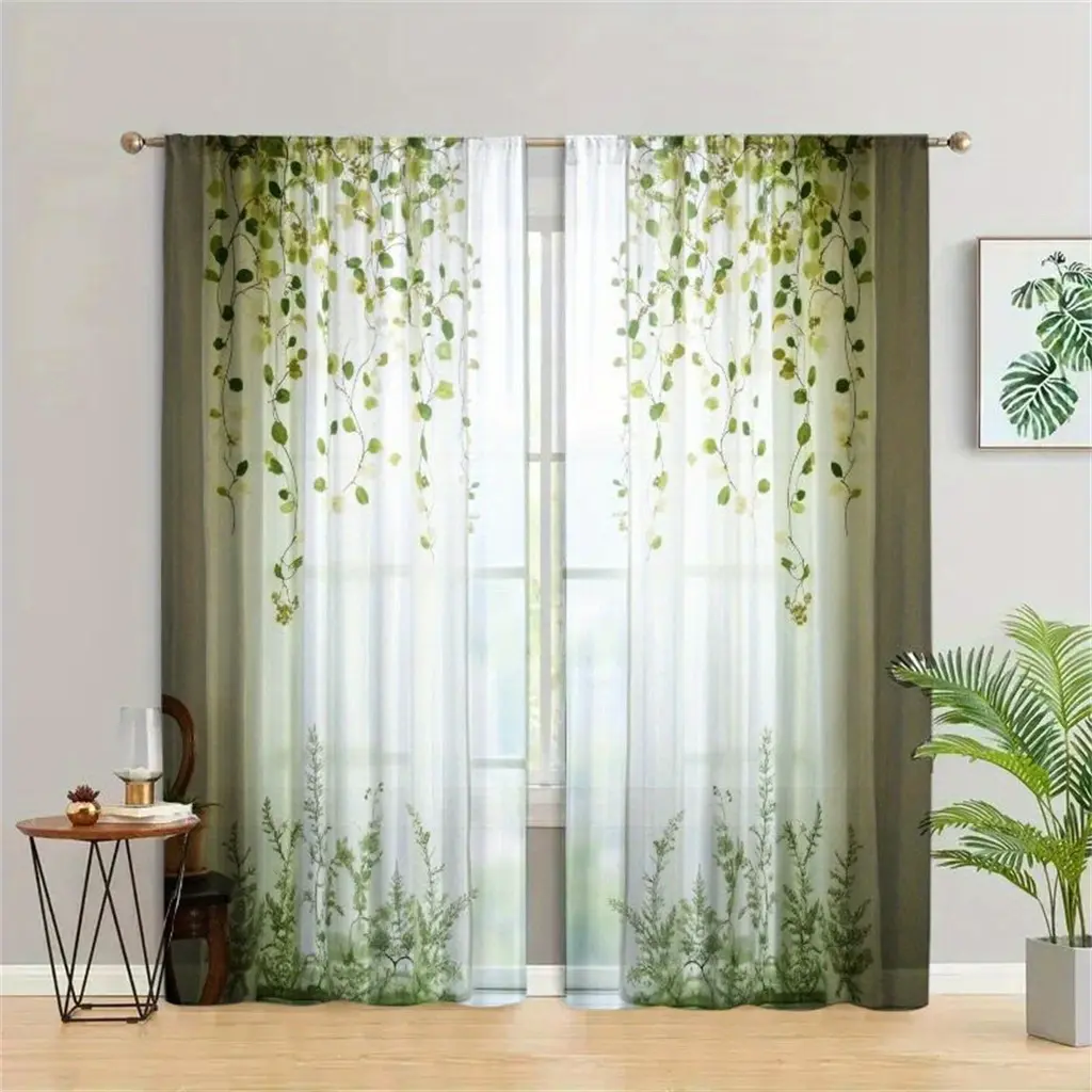 2 pieces, 2D flat, green leaf print curtains, Window Drapes, translucent design, modern plant pattern with rod mouth, for living room, bedroom, balcony, window privacy protection, easy care, Home Decorative Curtain