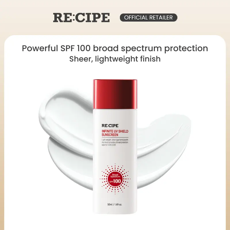 RE:CIPE Infinite UV Shield Sunscreen (SPF 100 PA++++) 50ml | FDA-Approved Korean Sunscreen with Antioxidants, No White Cast, Lightweight Formula