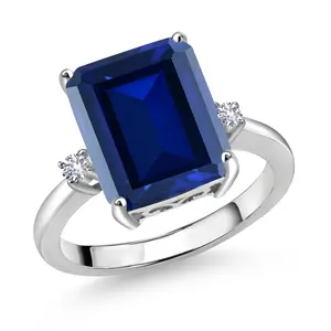 6.78 Cttw Blue Simulated Sapphire and White Created Sapphire 3-Stone Engagement Ring For Women | 925 Sterling Silver | 12X10MM Emerald Cut | Wedding Engagement Anniversary Ring