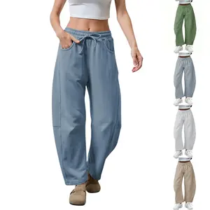 Kingapril Women's Barrel Leg Sweatpant Drawstring Elastic Waisted Wide Leg Pants Casual Cotton Palazzo Trousers with Pockets