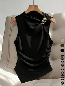 Women's Asymmetric-Hem Gold-Accent Top, Sleeveless Ruched Solid Knit Tank, Ideal for Casual Gatherings/Weekend Hangouts/Everyday Wear