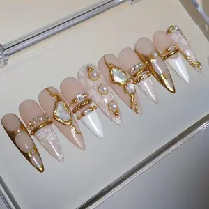 Handmade Vintage Lace Press On Nails | Luxury 3D Gold Chrome & Pearl Jewelry | Elegant Mother of Pearl Bridal Stiletto Fake Nails Nail Art Kit Nail Box summervibes☀️