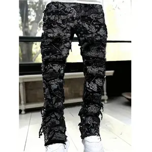 [HME] Men'S Casual Printed Jeans, Fashionable Street Hip-hop Style, Mid-waist Stretch Slim Straight Leg, Three-dimensional Cut Irregular Hole Patch Design, Suitable For All Seasons, YKK Zipper, Retro And Trendy High Street Men'S Denim Trousers