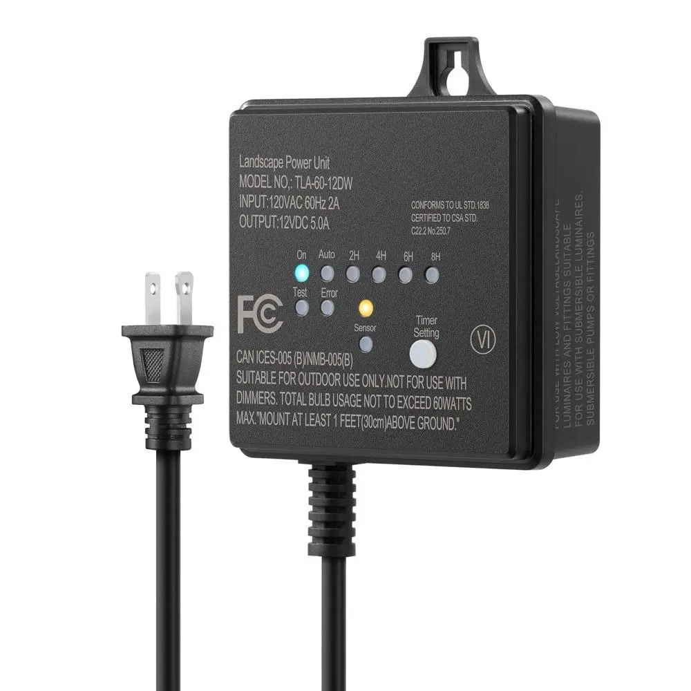 60W 120V AC to 12V DC Outdoor Low Voltage Transformer - ETL Listed, Weatherproof, with Countdown Timer, Dusk to Dawn Sensor, for Garage Lights, Spotlights, Deck Lights (Outdoor Use Only), Pathway Lights