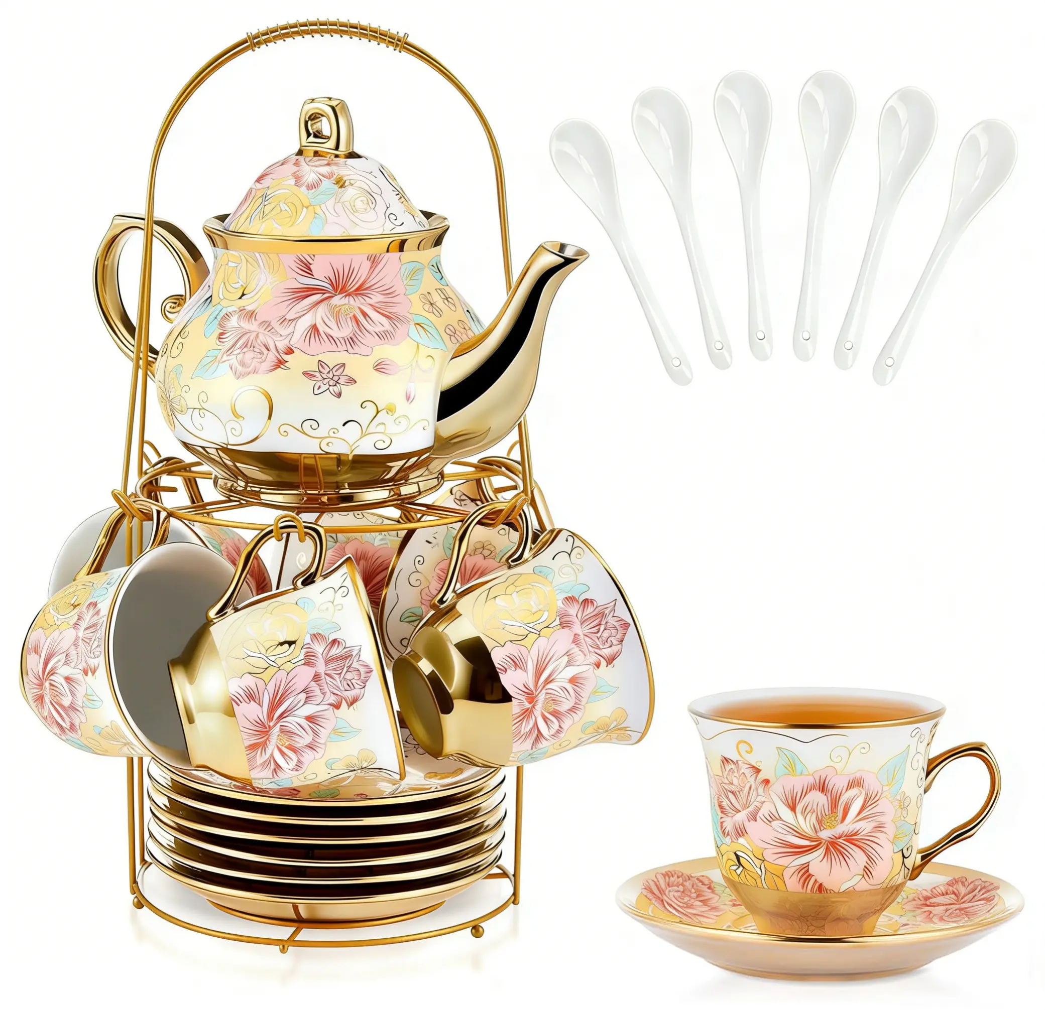 20 Pcs Porcelain Tea Set with Metal Holder, European Ceramic Tea Set for Adults, Antique Enamel Tea Cup Saucer Set for Party, Coffee Tea Gift Sets with Pink Flower Painting