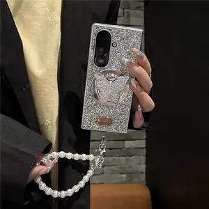 Luxury Glitter Magnetic Phone Case For Samsung Galaxy Z Fold 7 6 5 4 3 Fold6 Fold7 Cover with Butterfly Stand Chain For Magsafe