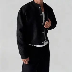 INCERUN Men's Collarless Cropped Textured Long-Sleeve Jacket, White Plain Korean-Style Spring-Autumn Outerwear with Snap Buttons, Versatile Casual Layer for Daily Dating (Pairs with Tops, T-Shirts, Trousers)