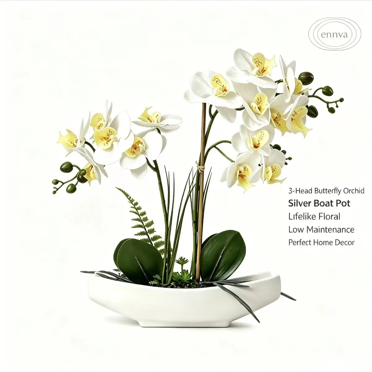 Ennva Hyperrealism 18in Fade-Resistant White Silk Artificial Orchid Bouquet Single Set, Modern Home Decorative Tabletop Ornament with Ceramic Pot, Ideal for Home Office & Housewarming Gifts, Flowers
