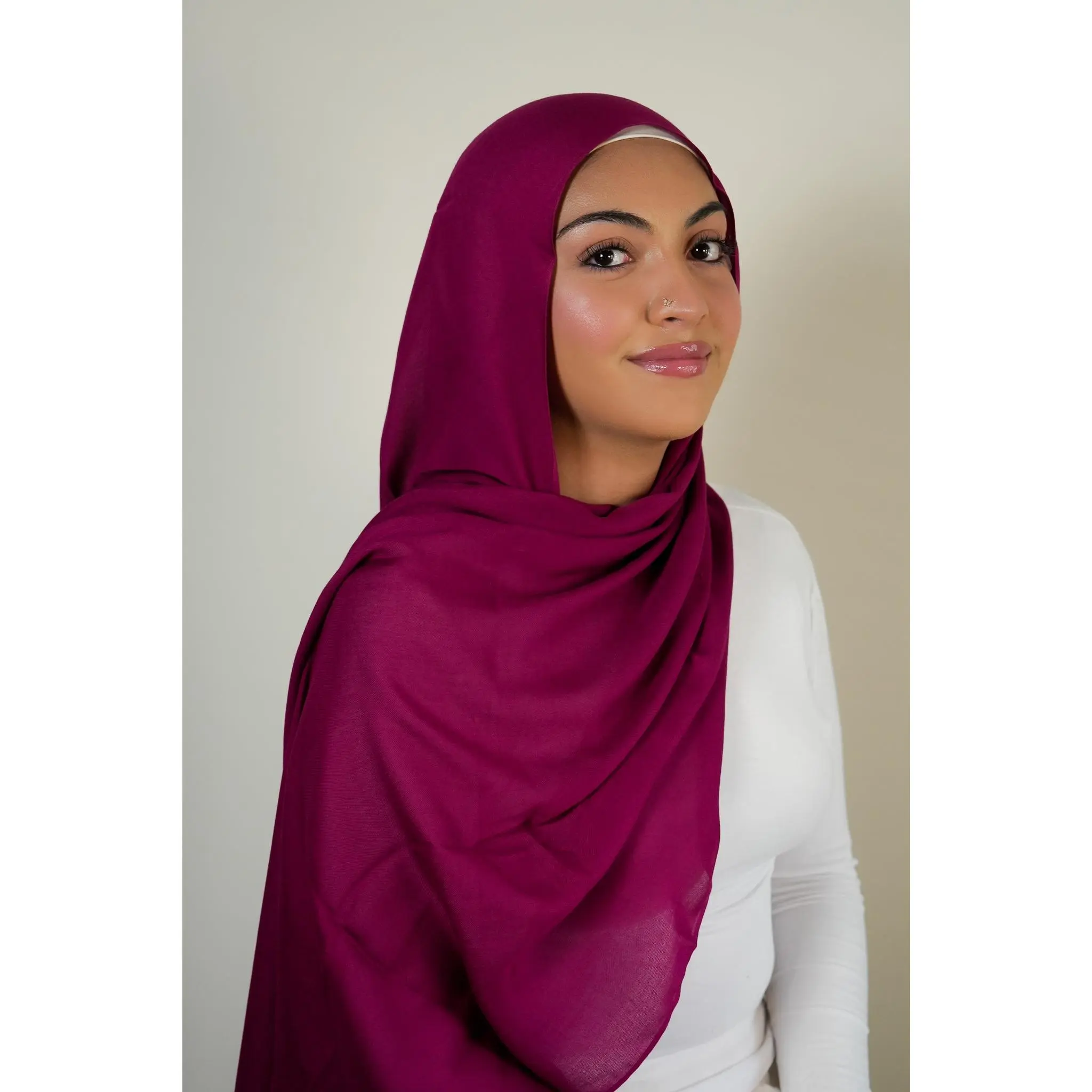 Draped Modal Hijab and Cooling Bamboo Jersey Undercap Set in Mulberry & Mocha - Non-See-Through with Adjustable Tie-Back for All-Day Wear