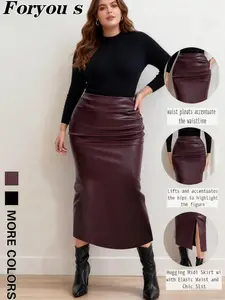 Women's Plus Size Plain Solid Basic PU Leather Short Skirt, Slim Fit Split Hem Bodycon Fashion Casual Midi Skirt for All Seasons