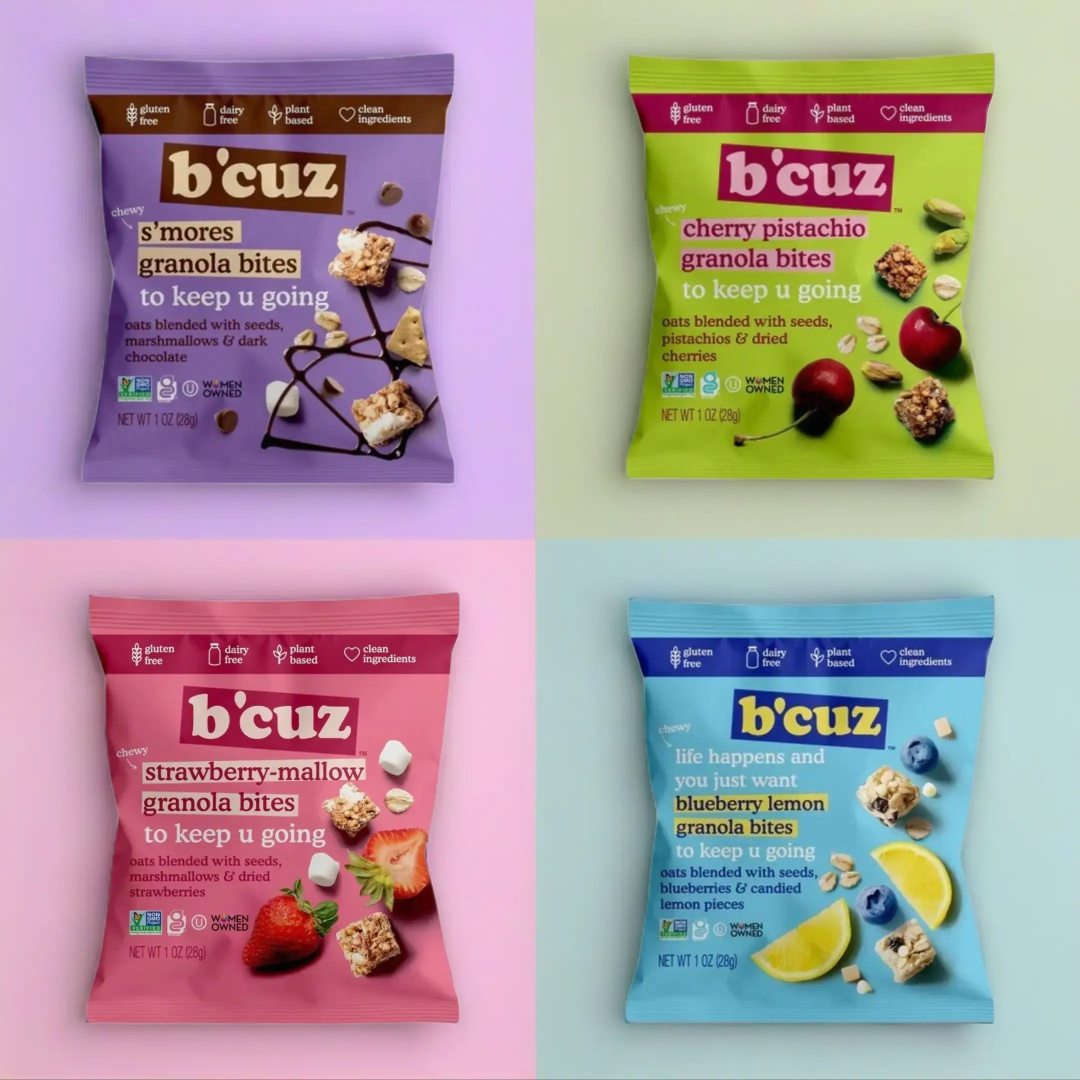 B'cuz Snacks Granola Bites 4 flavor variety box of 24 packs | 6 packs each | Gluten Free, Non-GMO, Vegan, Dairy Free | 1 oz(28g) per pack