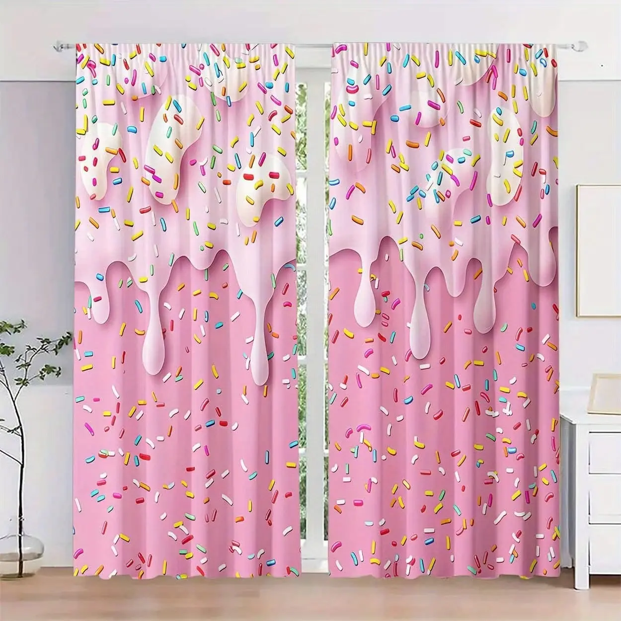 2pcs Donut Sprinkle Curtains Rod Pocket, Sweet Window Drapes for Kids' Bedroom, Playroom, Dessert-Themed Spaces, Contemporary Style, Home Decorative Curtain, Interior Decoration Accessories