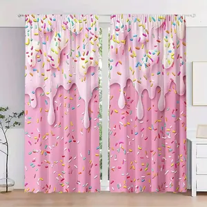 2pcs Donut Sprinkle Curtains Rod Pocket, Sweet Window Drapes for Kids' Bedroom, Playroom, Dessert-Themed Spaces, Contemporary Style, Home Decoration Curtain