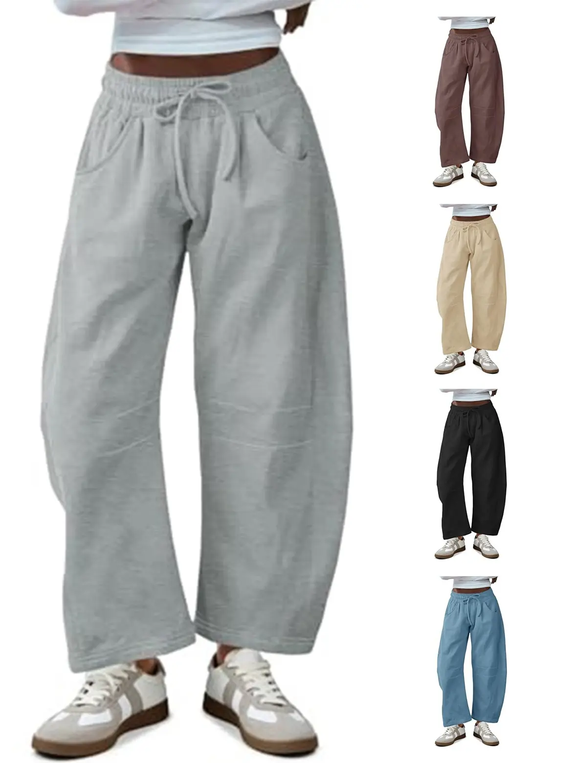 Fisoew Women's Barrel Leg Sweatpant Drawstring Elastic Waisted Wide Leg Pants Casual Active Pants with Pockets Carpenter Pants Adjustable Bottoms baggy sweatpants work outfits women interview outfits plus size outfits