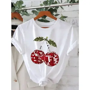 Women's White T-Shirt with Red Cherry Graphic - Relaxed Fit Round Neck Short Sleeve Top for Summer Parties & Casual Outfits