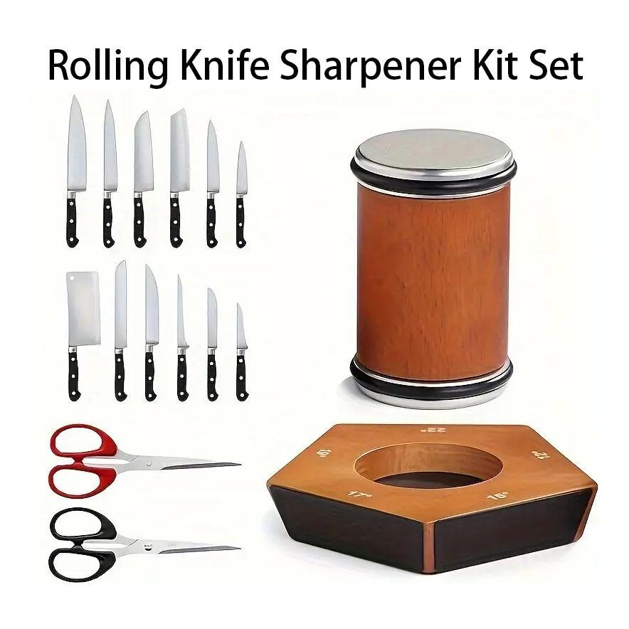 Rolling Knife Sharpener Set, 15°20° Kitchen Knife Magnetic Rolling Knife Sharpener, Diamond Sharp Curve Knife Sharpener, Wooden Handle Sharpening Stone, Diamond Ceramic Knife Sharpening Set for honing knives sharpening Kitchen Gadgets Steel Kitchenware