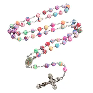 Colorful Soft Pottery Cross Rosary Necklace Holy Mother Mary Jewelry