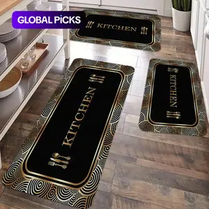 2/3pcs kitchen anti slip floor mat, Geometric pattern rug, black gold geometric texture design, soft & comfortable flannel anti slip washable floor mat for kitchen, dining room, Kitchen Area Rug