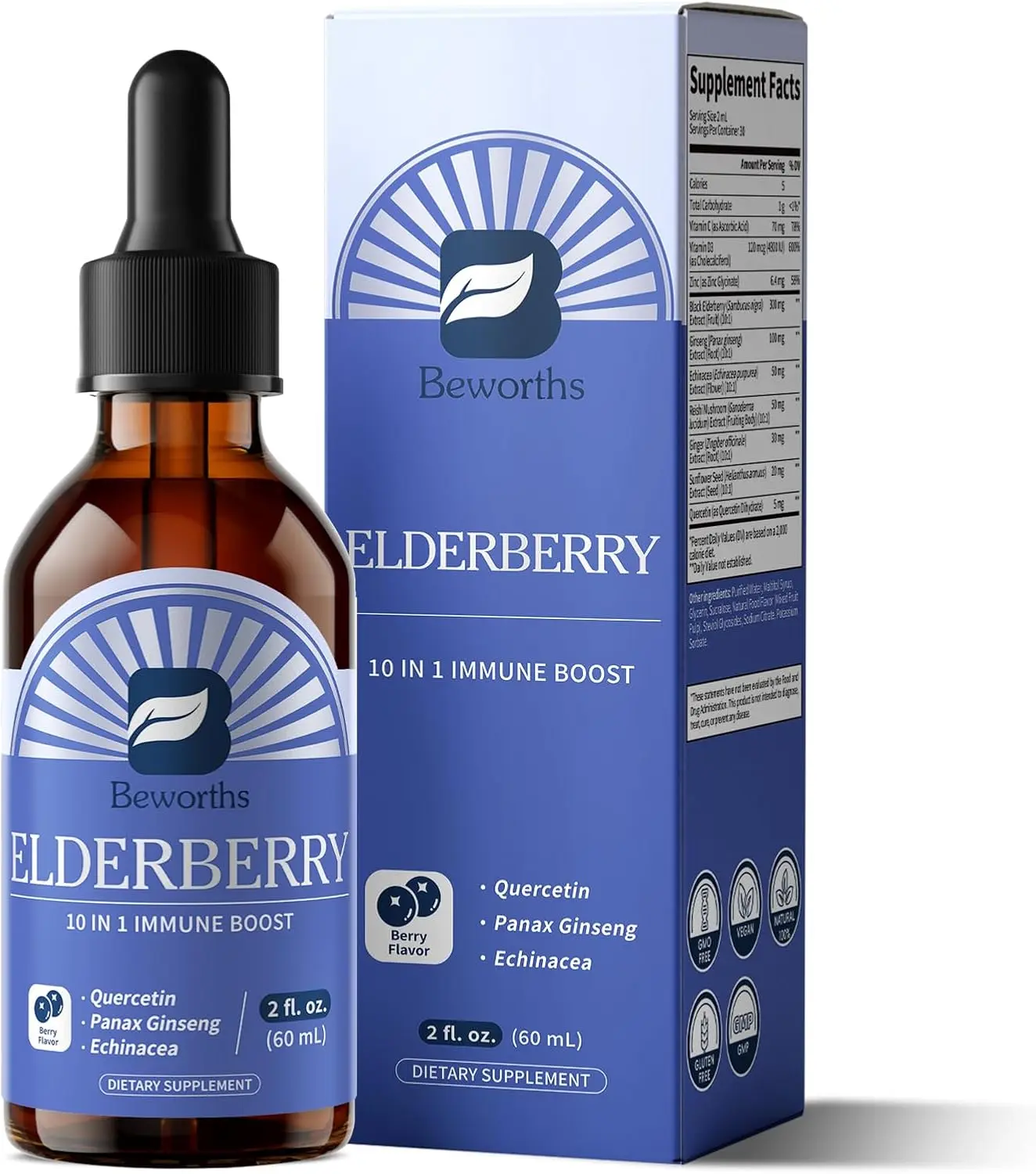 Elderberry Syrup Black Elderberry Drops with Ginseng, Quercetin, Panax Ginseng, Vitamin C and Zinc, Sambucus Liquid, Vegan