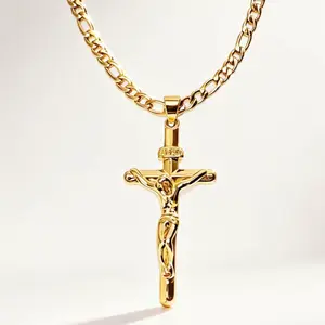 14K gold-plated Jesus cross pendant necklace, vintage style, smooth charm jewelry for men; ideal for prayer, holidays, blessings, and everyday wear; elegant, durable chain Jesus necklace