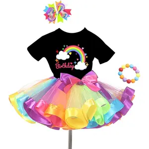 Girls Kids Rainbow T-Shirt & Colorful Ballet Tutu Skirt Set with Hair Bows and Beaded Bracelet, Adorable Dance Outfit for Birthday Party & Daily Wear