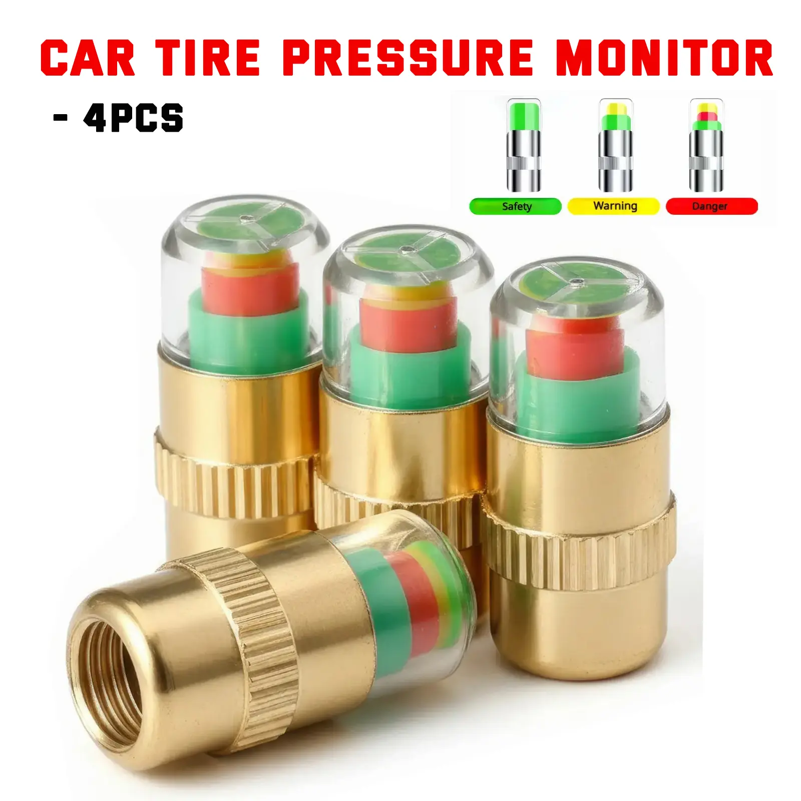 4 × Gold Brass Tire Pressure Warning Valve Stem Caps (4 Pcs) with 3-Color Visual Warning System, 36PSI/2.4Bar Leak-Proof Dustproof Corrosion-Resistant Brass Covers, All-Round Driving Safety Accessory for Cars, Trucks