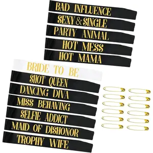12 Pack- Bachelorette Party Bride To Be Sash- Unique Bride Bridesmaid Sashes for Bachelorette Party (Black, Rose Gold Letters)