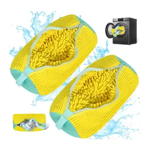 Shoe Washing Bag, Fluffy Fibers 360° All-Around Cleaning Shoe Laundry Bag, Top Hidden Zipper, Durable & Reusable for All Shoe Types (Yellow)