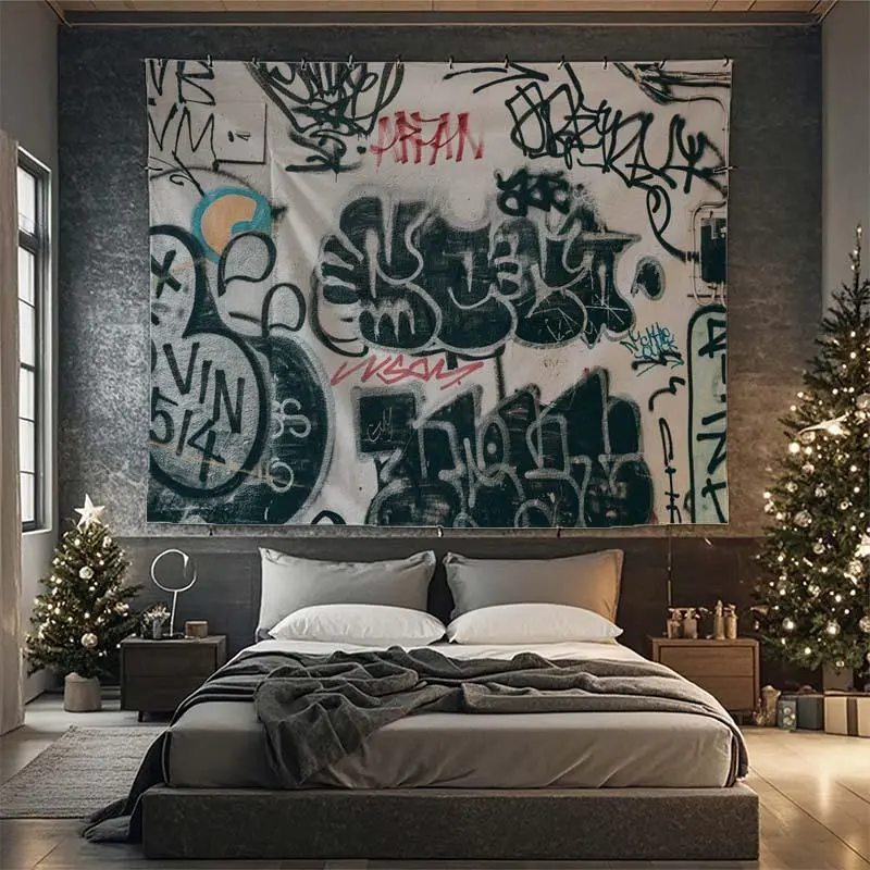 Black and White Graffiti Wallpaper - Durable, Anti-Wrinkle, Easy-to-Hang Home Decor Tapestry, Bedroom Inspo for Gaming Players, Dormitory Use