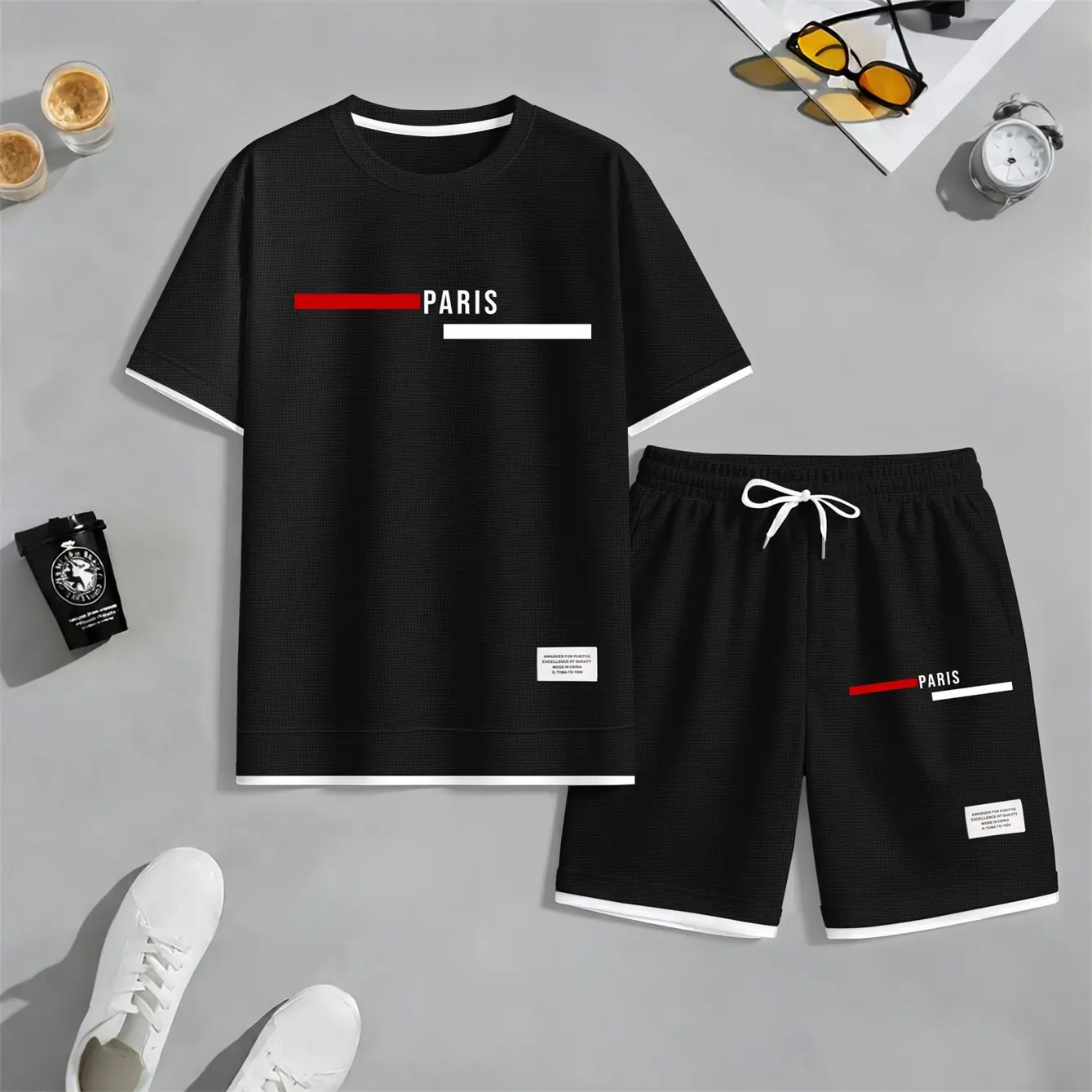Oversized 2-Piece Lounge Set in Lightweight Textured Waffle Fabric with Crew Neck Top and Pockets, Fitness, Round Neck, Outdoor, Polyester, Minimalist, Gym, Clothes, T-Shirt, Menswear, Athletic, Soft, Loose, Shortsleeve, Breathable, Casual, Mensfashion