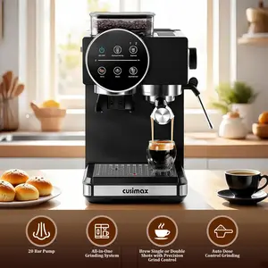 【summervibes】CUSIMAX 20-Bar Semi-Automatic Espresso Machine with Built-in Grinder, Milk Frother Steam Wand, 60oz Removable Water Tank, Removable Parts, 1350W Fast Heat, US Plug, Ground Coffee Compatibility for Home Baristas