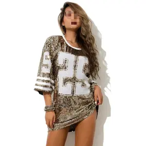 Chic Woman Loose Oversized SequinT-shirt Dress Hip hop Half Sleeve Jersey Sequined Dress Streetwear Dance Performance Costume