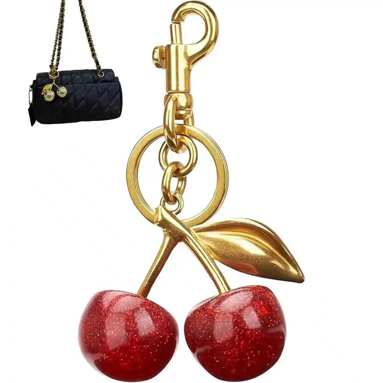 Women's Vintage 2-in-1 Accessory Set - Crescent Shoulder Bag with Lock Clasp, Cherry Motif, Casual Wear Crossbody Bag, Ideal for Mother’s Day Daily Use, Keyring + Pouch, Retro, Lobster Hook, Mini Size